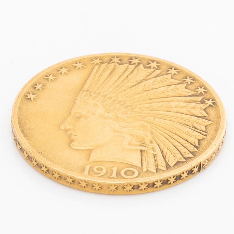 A 10 dollars Indian Head gold coin from 1910.