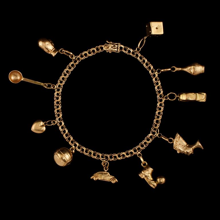 BERLOCKARMBAND, 18k guld, Guldsmedjan Hilden Holger,  Sala, 1964. Vikt 17 g.