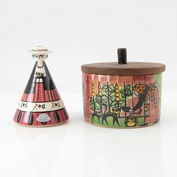 Anita Nylund, bowl with lid "Our Little Town" and candlestick, Jie Ceramics.