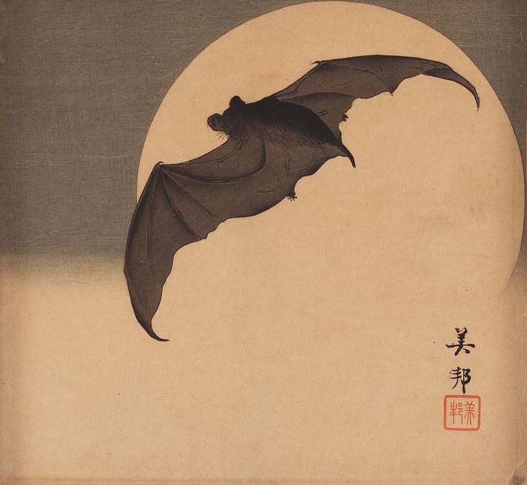 Bihō Takahashi (aktiv ca. 1890-1930), "Bat in Moon"/"Bat against full Moon", färgträsnitt och bläck på papper, ca. 1905.