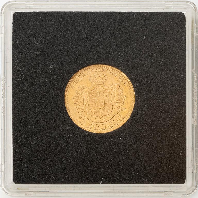 Gold coin, Oscar II, 10 kronor, type II, Sweden 1876.