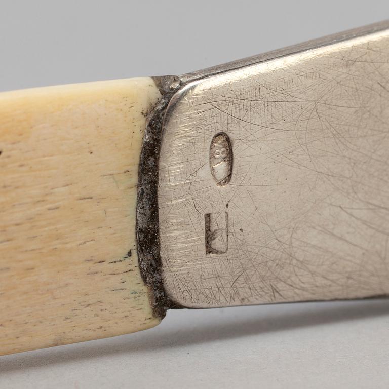 A Russian 20th century silver and translucent enamel paper knife, unidentified makers mark, Moscow 1908-1917.