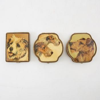 Powder boxes, a pair, and a cigarette case, early 20th century.