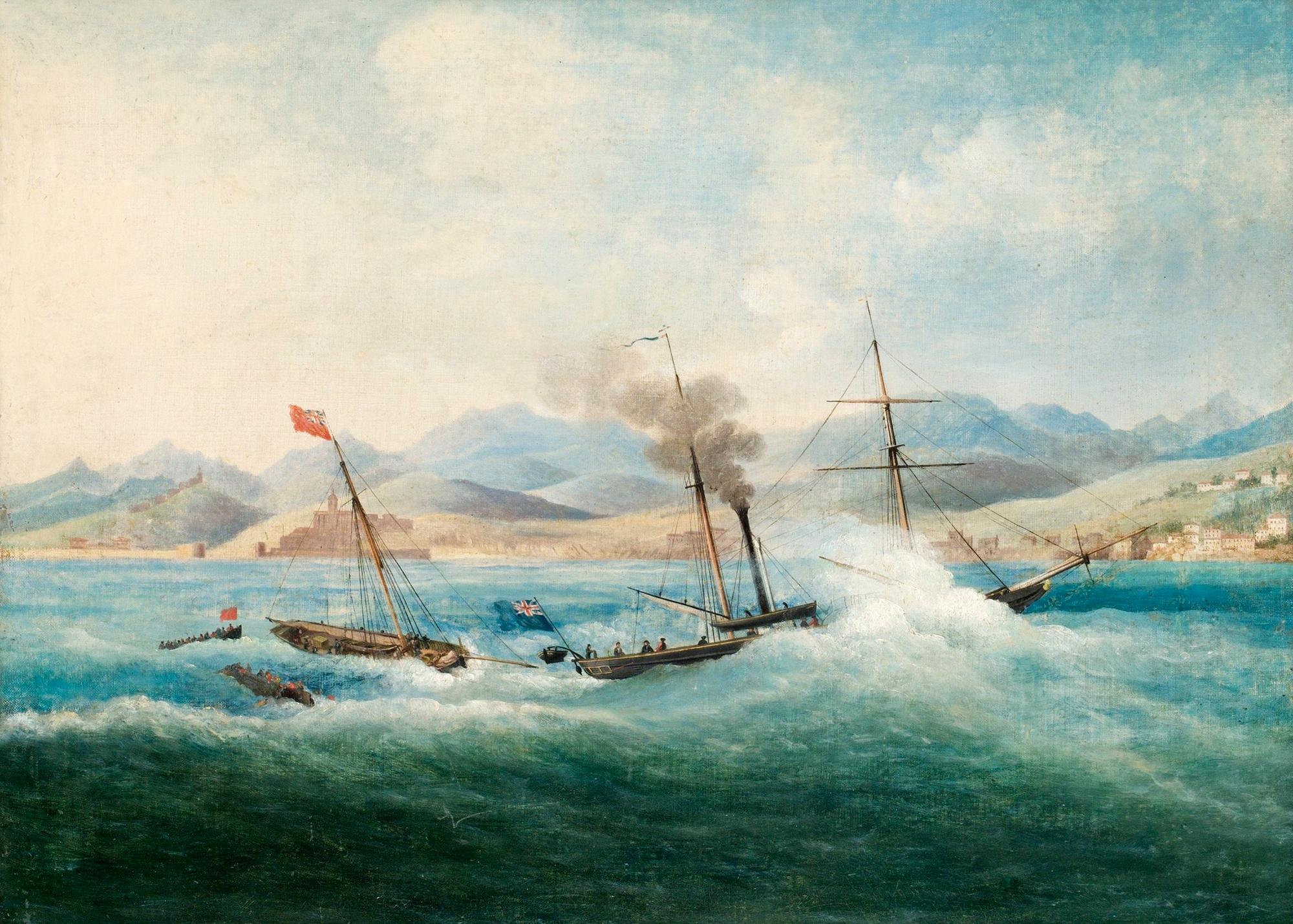 Skepp i hårt väder vid sydländsk kust.