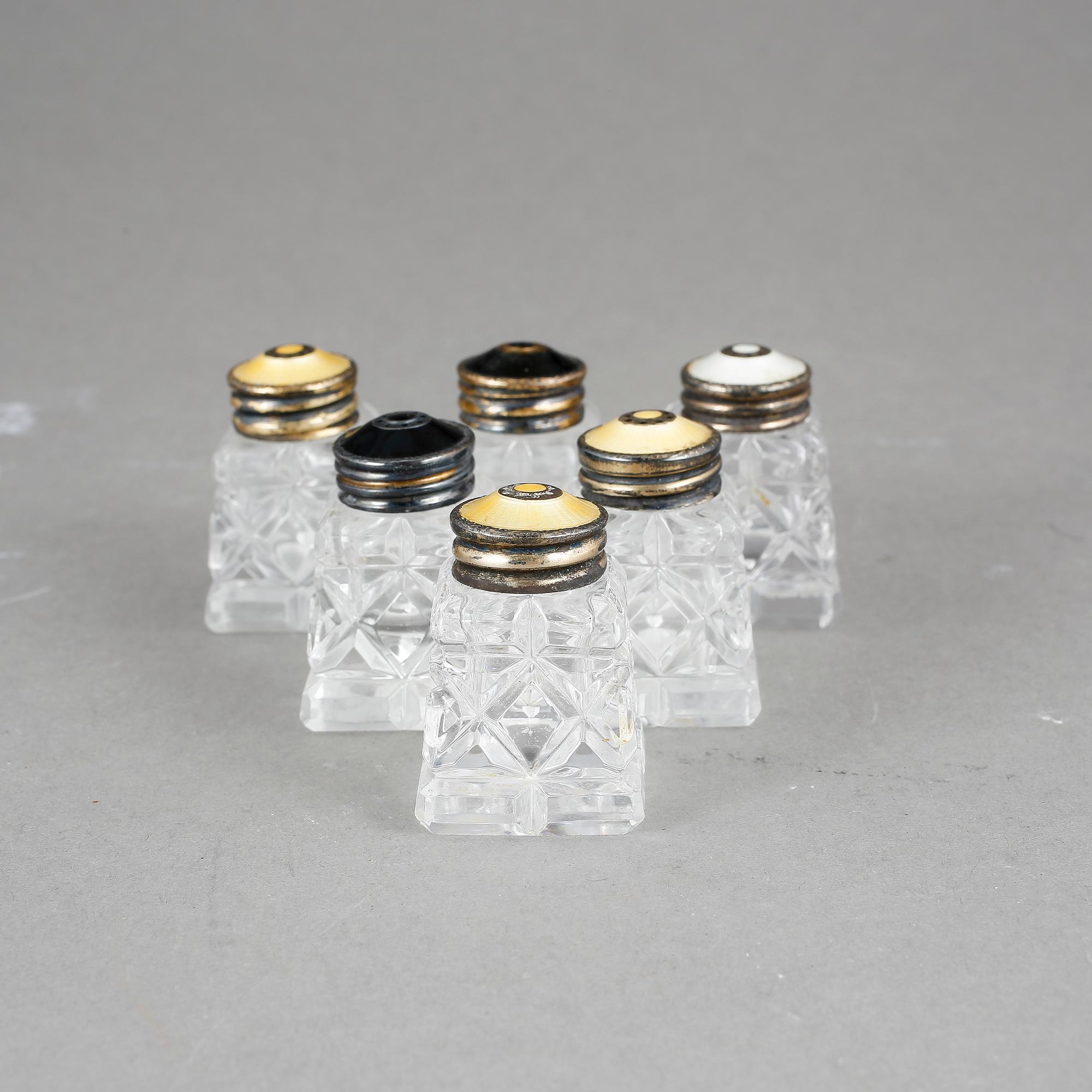 STRÖARE, 6 stycken, glas och emaljerat sterlingsilver, Norge, 1900-talets mitt.
