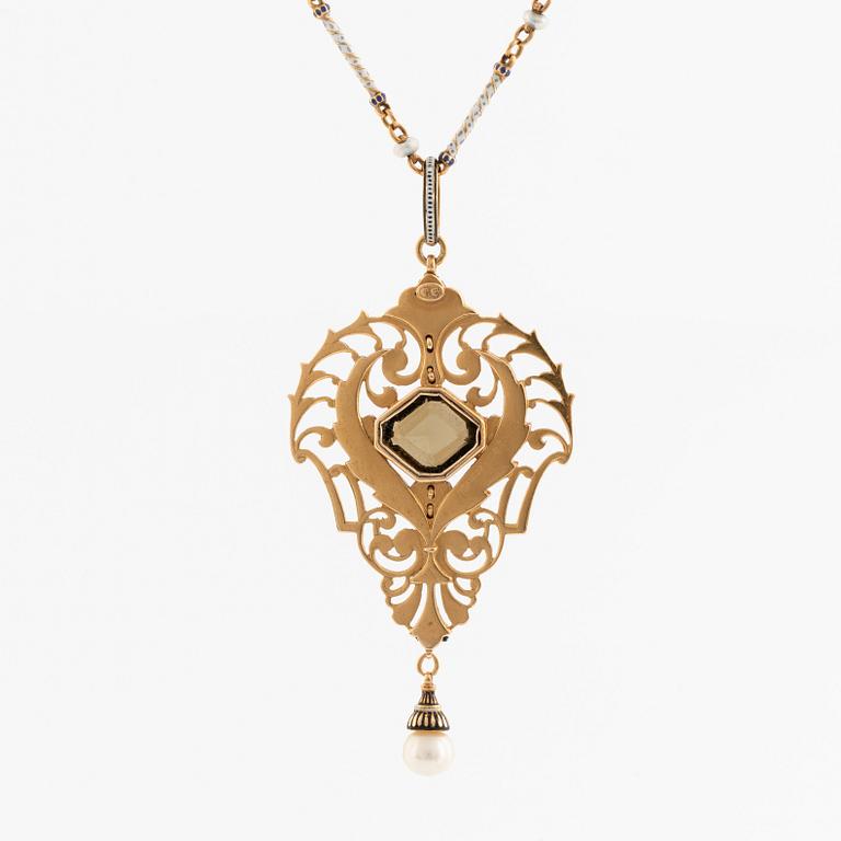 A C Giuliano 18K gold and enamel necklace set with a  faceted tourmaline and a pearl.