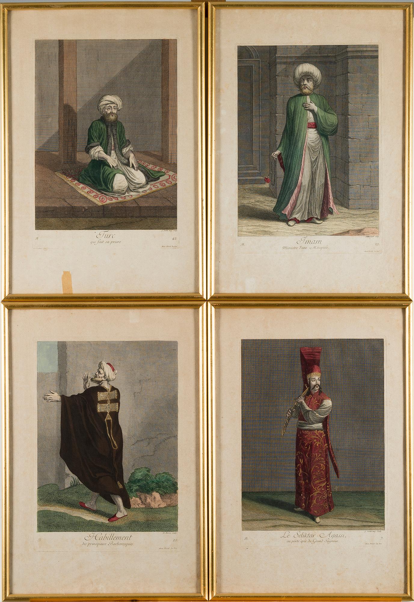 EIGHTEEN ENGRAVINGS, from Le Recueil Ferriol, ca 1714, hand coloured.