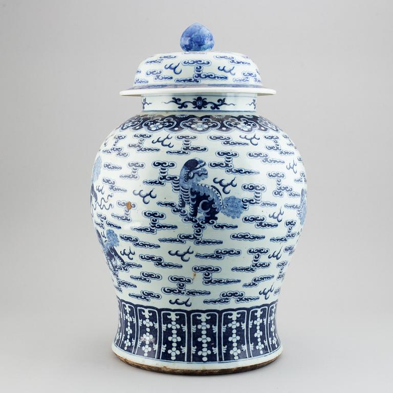 A large blue and white jar with cover, China, 20th Century.