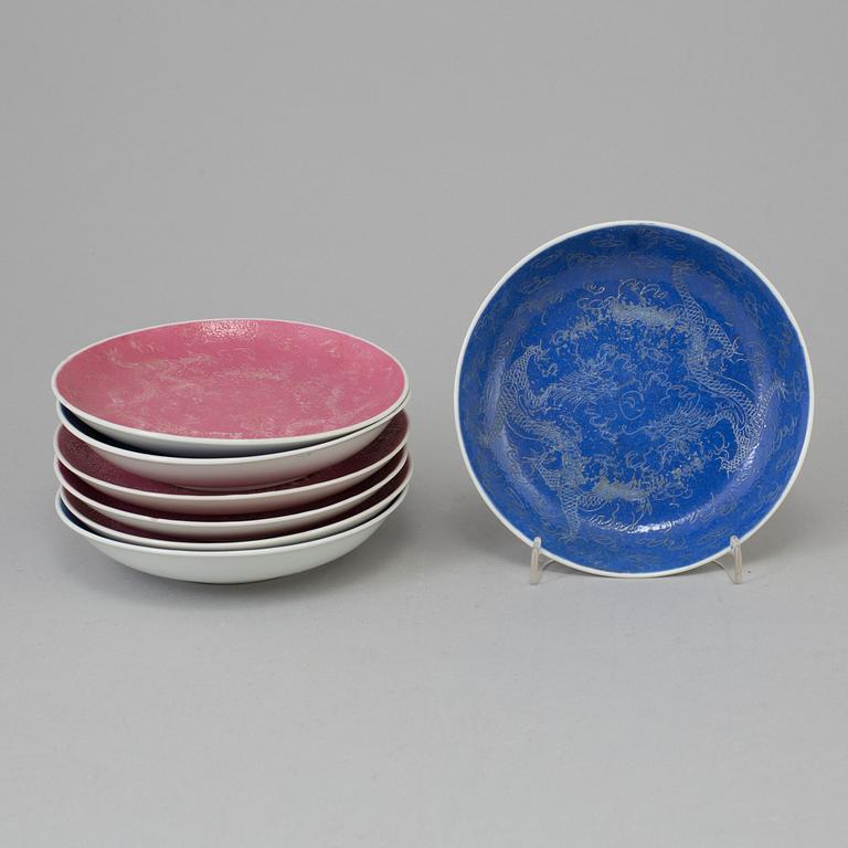 A set of seven chinese sgrafitto porcelain dishes, early 20th century.