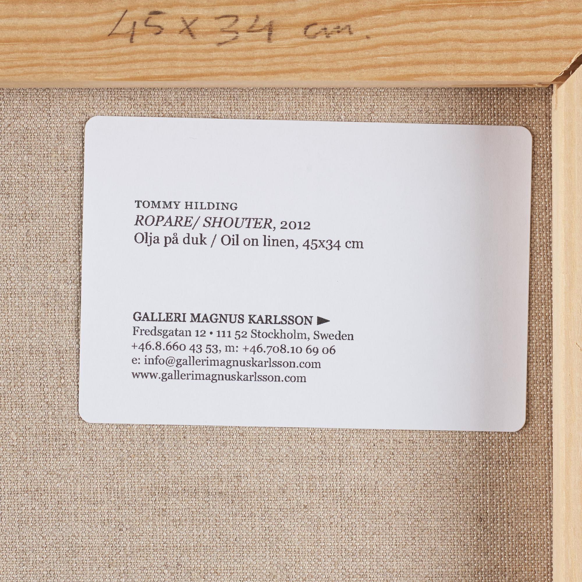 TOMMY HILDING, oil on canvas, sigend and dated 2012 on verso.