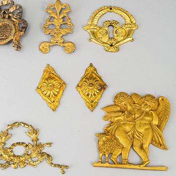 Furniture mountings, 17 parts, brass, 19th-20th century.