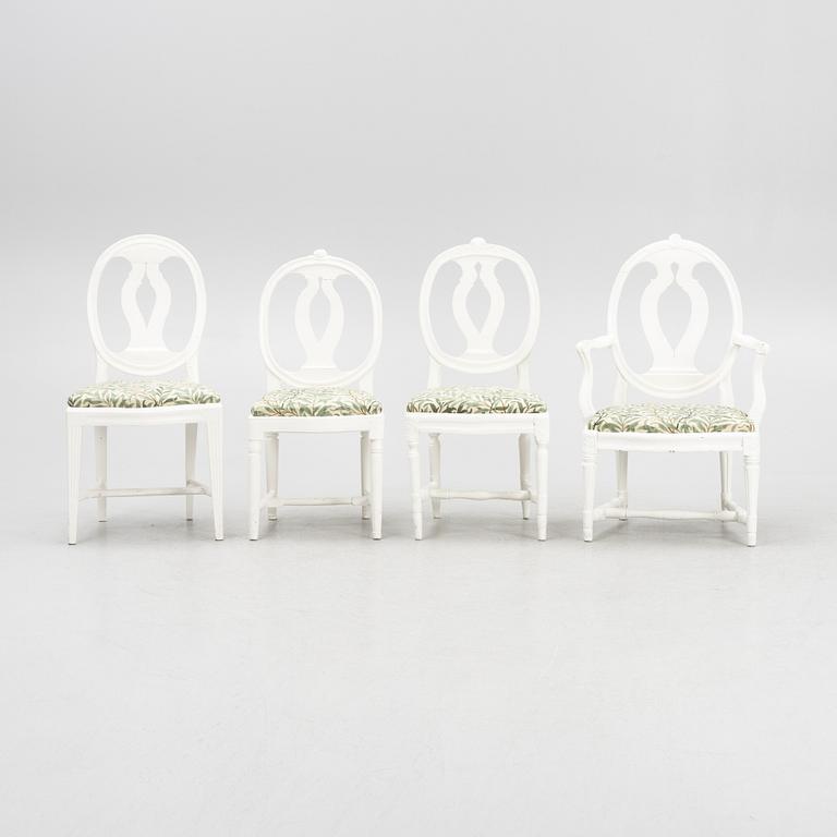 Nine similar Gustavian chairs and one armchair, Sweden, around 1800.