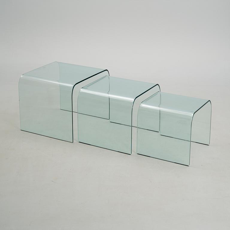 A GLASS NEST TABLE / GLASS COFFEE TABLE, "Eclipse" Ligne Roset, retailer Skanno Finland late 20th century.