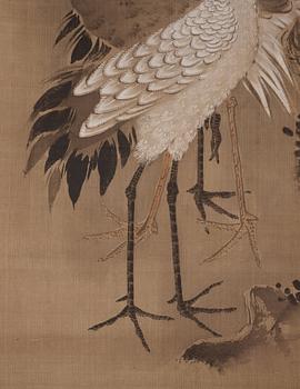 A scroll painting with cranes, signed Tsunenobu.