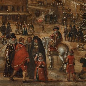 Joost Cornelisz. Droochsloot Tillskriven, Stadsbild med figurer på ett torg.