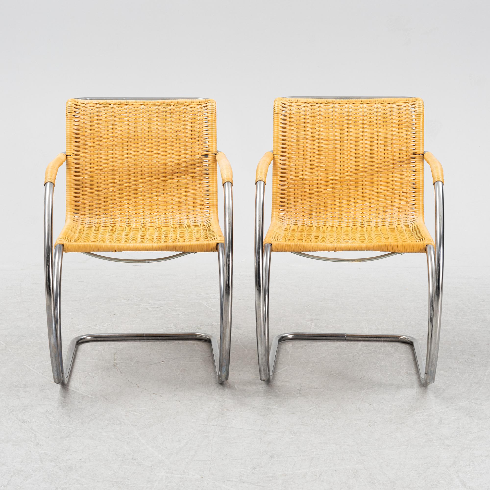 Ludwig Mies van der Roh, a pair of MR 20 steel and rattan armchairs, for Thonet, marked, designed 1927.