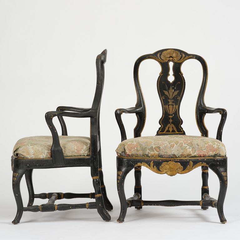 A pair of japanned Swedish rococo armchairs, Stockholm, later part 18th century.