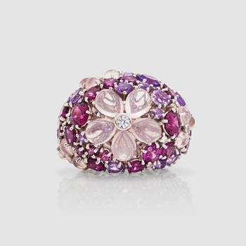 1264. A rose quartz, amethyst, tourmaline and brilliant-cut diamond ring, in the shape of flowers.