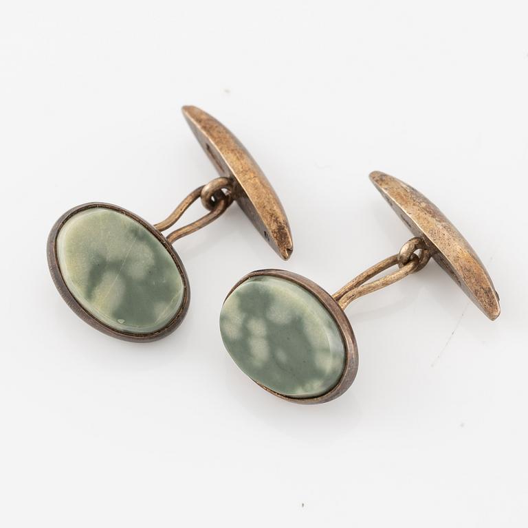 Cufflinks, a pair, silver with serpentine, Russia, Soviet.
