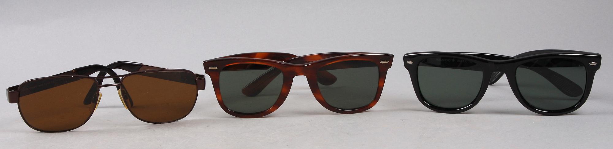 SOLGLASÖGON, 3 par, Giorgio Armani, Ray Ban och Polaroid.