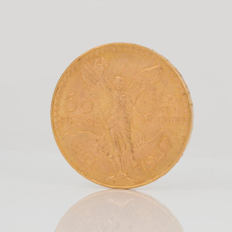 GULDMYNT, 50 Pesos Estados Unidos Mexicanos, Oro Puro. 21k, vikt ca 41 g.