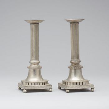 A pair of late Gustavian pewter candlesticks by H Wicksten, master 1782.