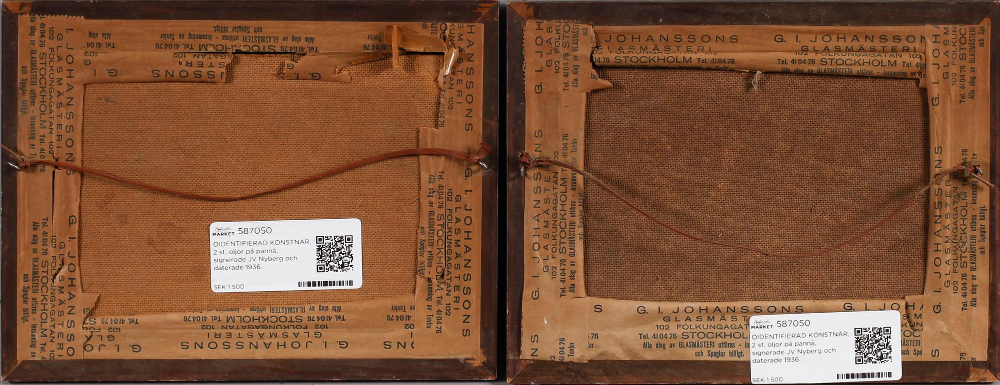 OIDENTIFIERAD KONSTNÄR, 2 st, oljor på pannå, signerade JV Nyberg och daterade 1936.