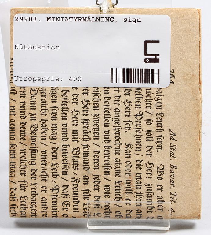 MINIATYRMÅLNING, bär sign. Tidigt 1900-tal.