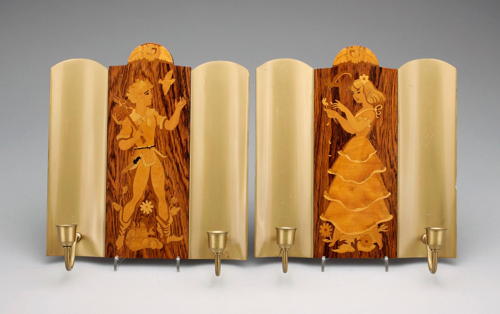 VÄGGLAMPETTER, ett par, trol Mjölby intarsia, 1930/40-tal.