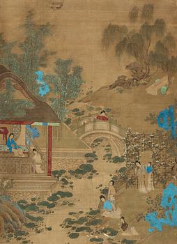 170. A hanging scroll of a garden scenery with court-ladies and attendants, Qing dynasty, 19th century.