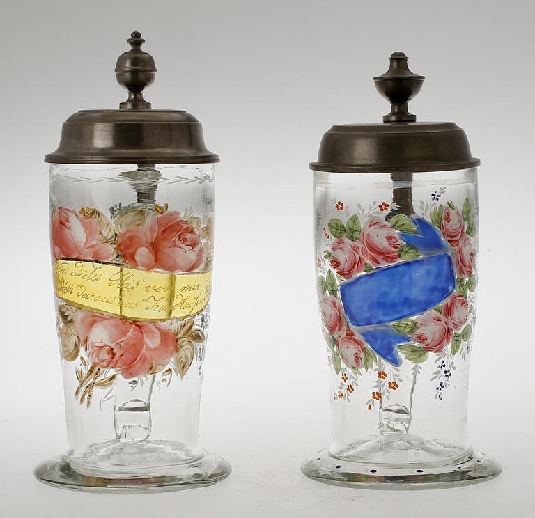 ÖLSTOP, 2 st, glas och tenn, 1800-tal, Tyskland.