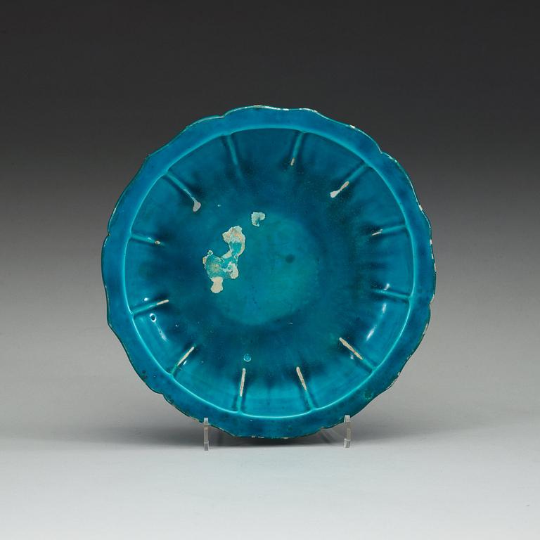 A turquoise glazed bulb bowl, presumably Kangxi (1662-1722) but reworked.