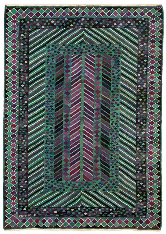 CARPET. "Granen, grön". Flat weave. 308 x 213 cm. Signed AB MMF MR (AB Märta Måås-Fjetterström, Marianne Richter).