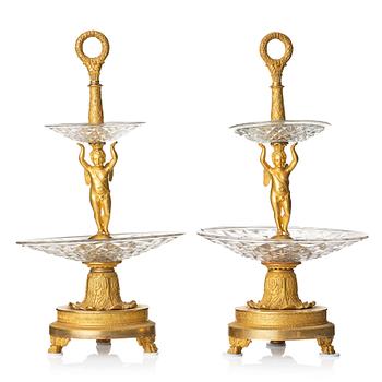 135. A pair of French Empire early 19th century gilt bronze and glass centre pieces in the manner of Pierre Philippe Thomire.