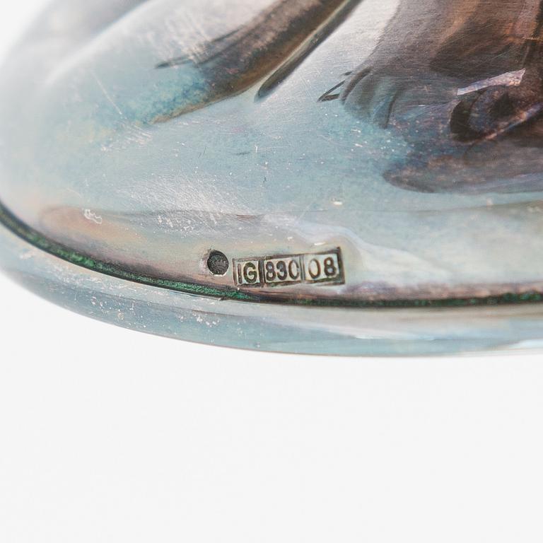 A 1950s footed bowl and a three-piece silver coffee set from the latter half of the 20th century.