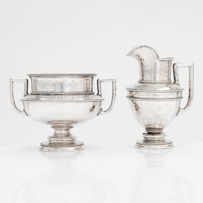 A late 19th-century Norwegian silver sugar bowl and cream jug, marked David Andersen, Kristiania (Oslo).