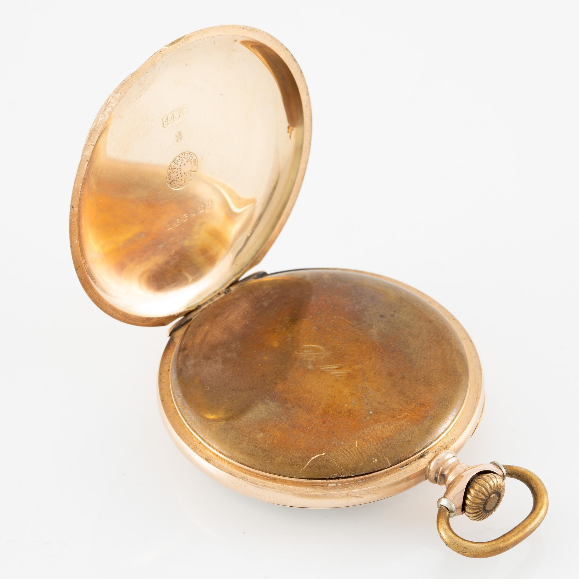 Zenith, Pocket watch, 14K gold with a chain in double, 51 mm.