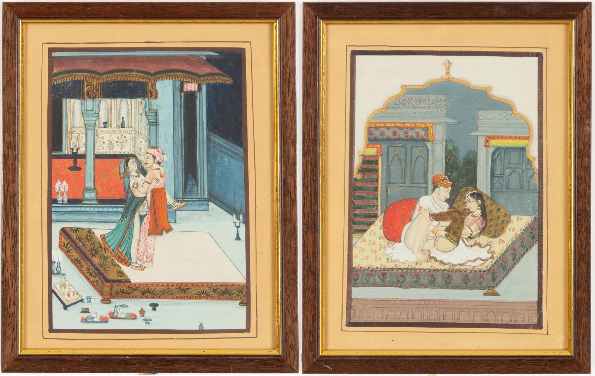 Unidentified artist, Erotic scenes in palace settings, India, 20th century. Two pieces.