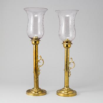 CANDLESTICKS, a pair, brass and glass, ca 1900.