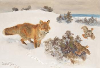 131. Bruno Liljefors, Vinterlandskap med jagande räv.