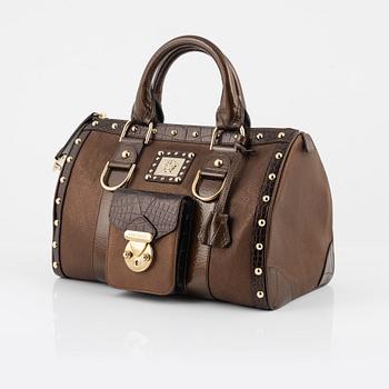 Versace, a bronze metallic leather handbag.