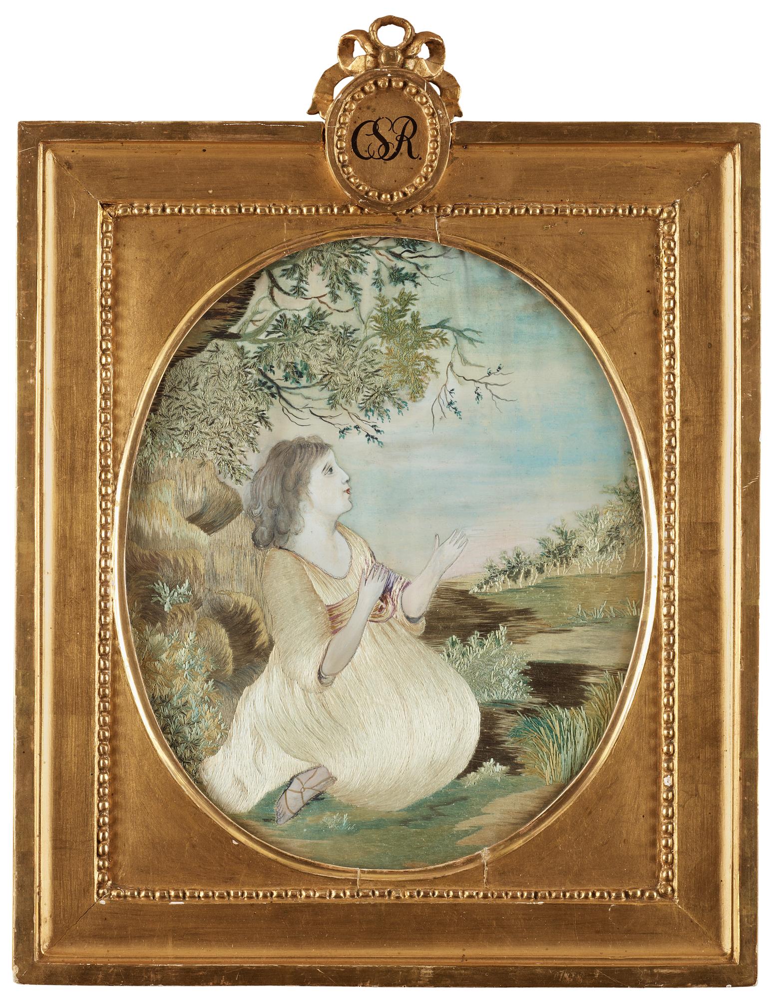 BRODERAD TAVLA. Sverige omkring 1800. Oval, 27 x 22,5 cm, rektangulär förgylld originalram med medaljongkrön och pärlstav 41,5 x 31,5 cm.