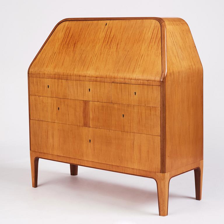 Oscar Nilsson, an olive ash veneered secretaire, a journeyman's work by Evert Kjellgren for Stockholm City Crafts Association, 1938.