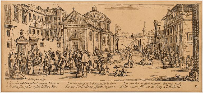 JACQUES CALLOT, Book, collection of 18 etchnings from Les miseres et les mal-hevrs de la gverre. 1633, later edition.