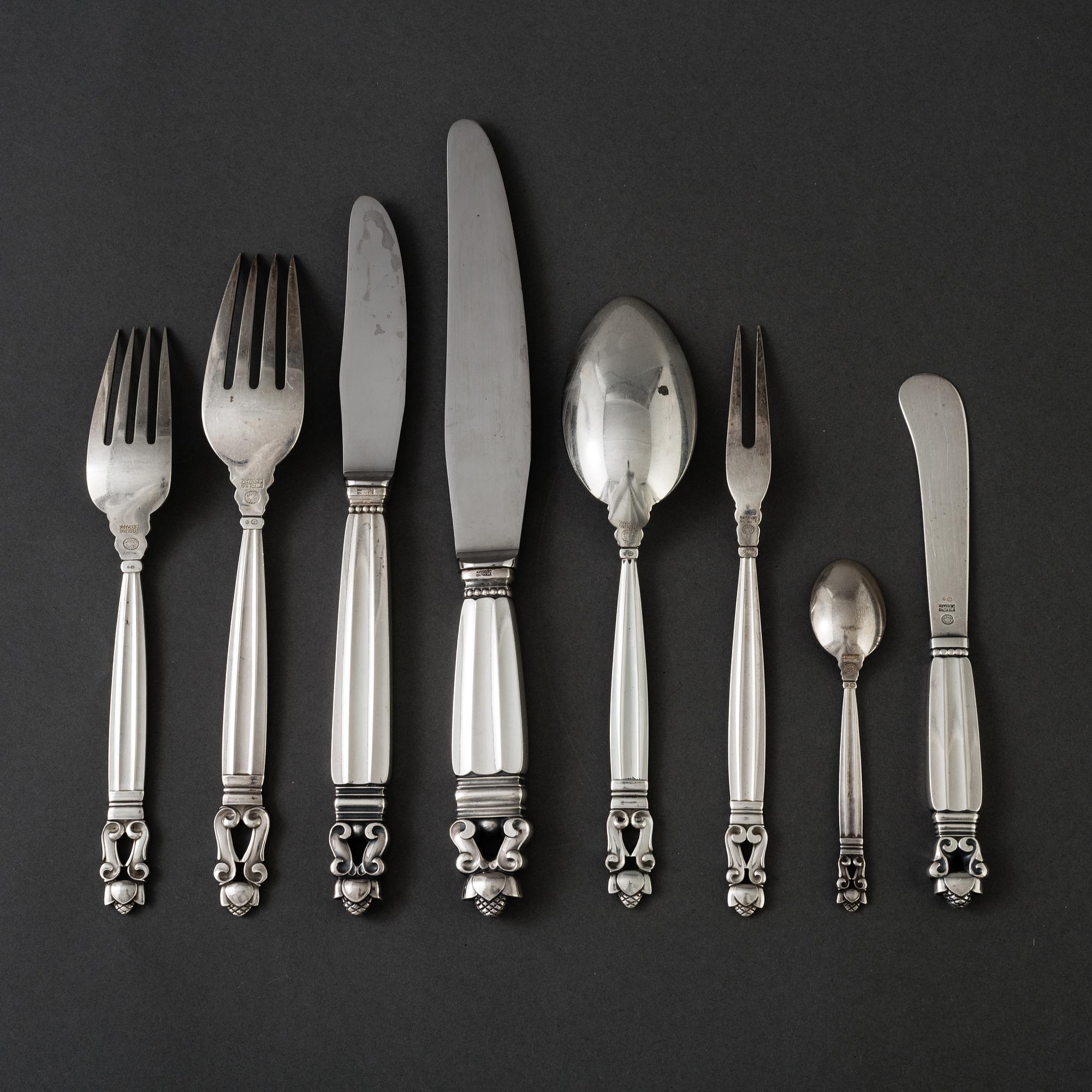 54 pieces of 'Konge' silver flatware by Johan Rohde for Georg Jensen, Denmark.