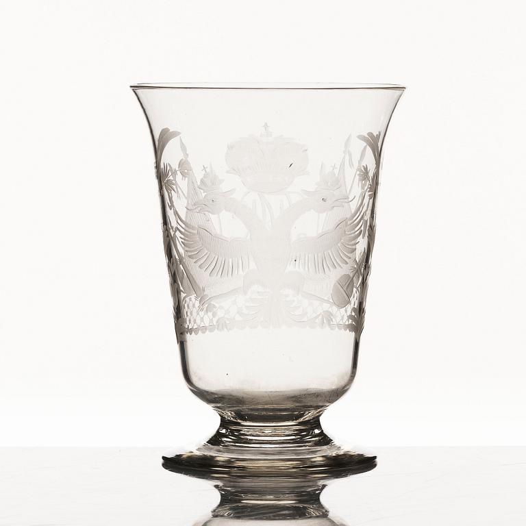 A Russian commemorative glass Goblet, engraved with Russian imperial crown and monogram, around 1900.