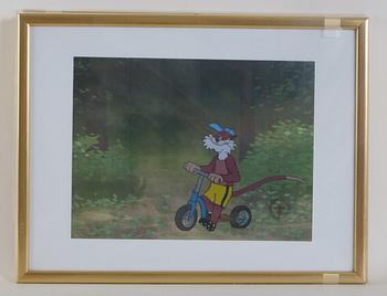 ORIGINALCEL, 4 st, ur "Pelle Svanslös", blandteknik, Team Film, sign SL.