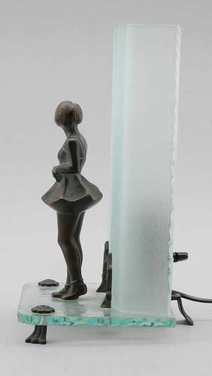 BORDSLAMPA, råglas och patinerad brons, art déco.