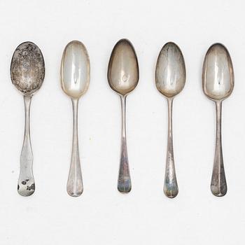 Five silver spoons, England and Sweden, 18th century.