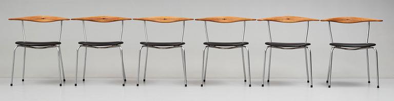 Hans J. Wegner, a set of six "JH-701" oak and black leather chairs by Johannes Hansen, Denmark.